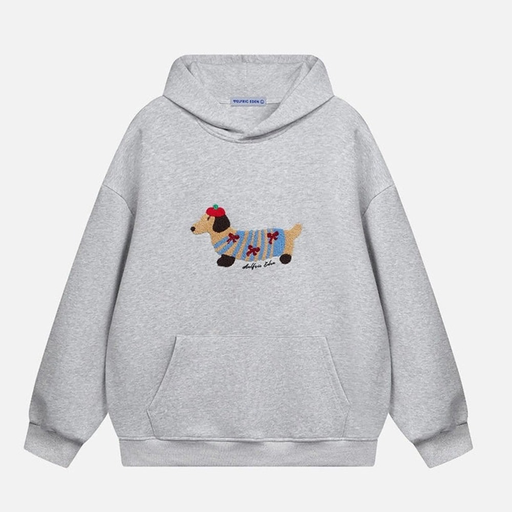 Aelfric Eden Mens L Cartoon Dachshund Hoodie Gray Dog Graphic Sweatshirt NWOT